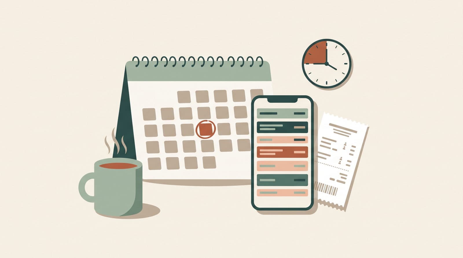 A fixed weekly entry moment: a calendar with a circled day, a clock marking fifteen minutes and a phone showing that week's expenses