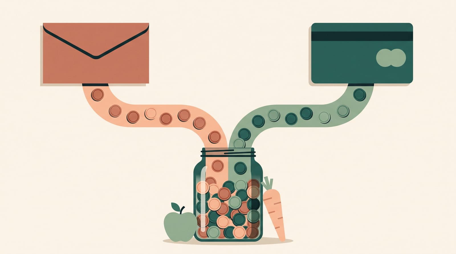 Two income streams, salary and meal benefit, flowing together into one grocery pot