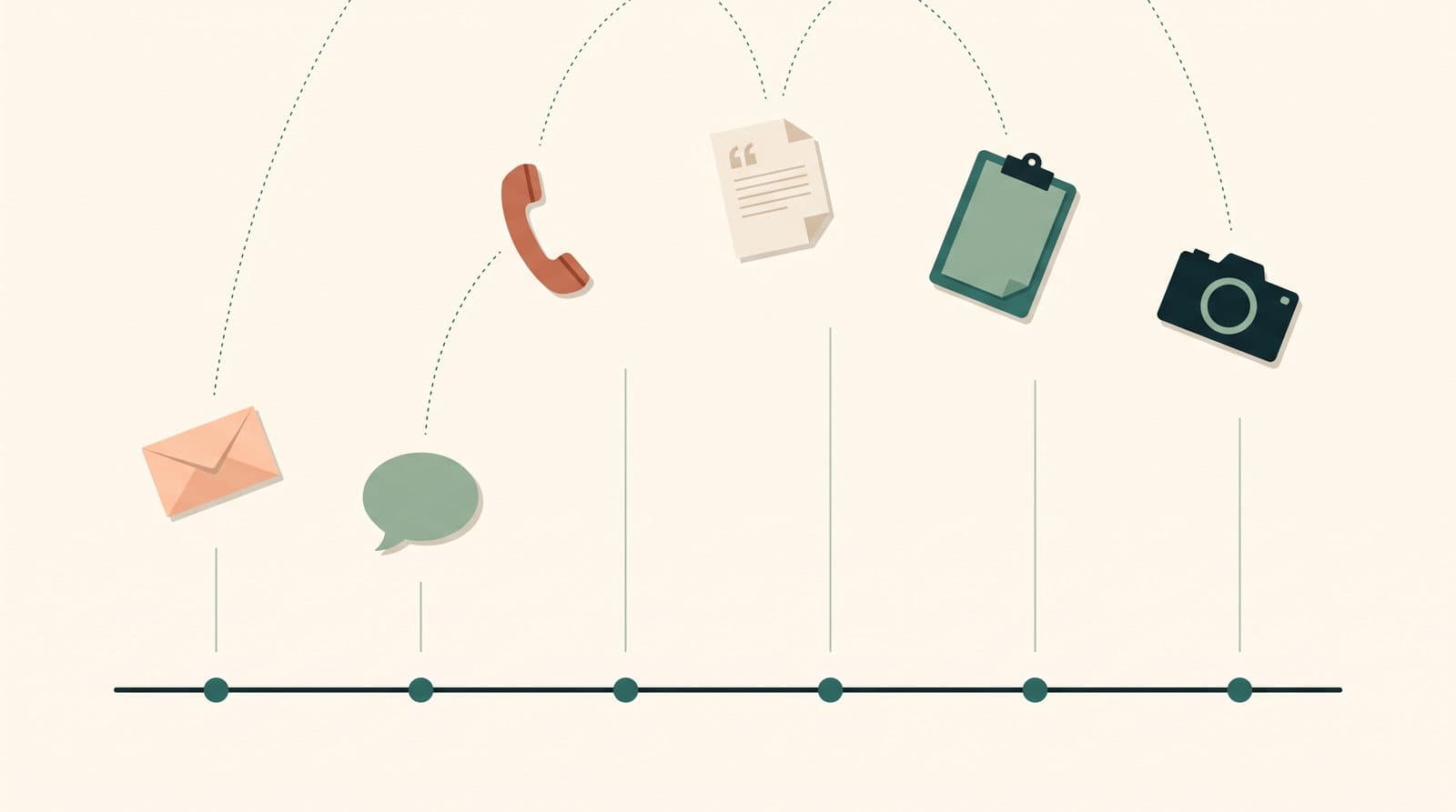 Separate contact moments such as an email, a chat message, a phone call and a quote settling onto a single timeline with evenly spaced markers