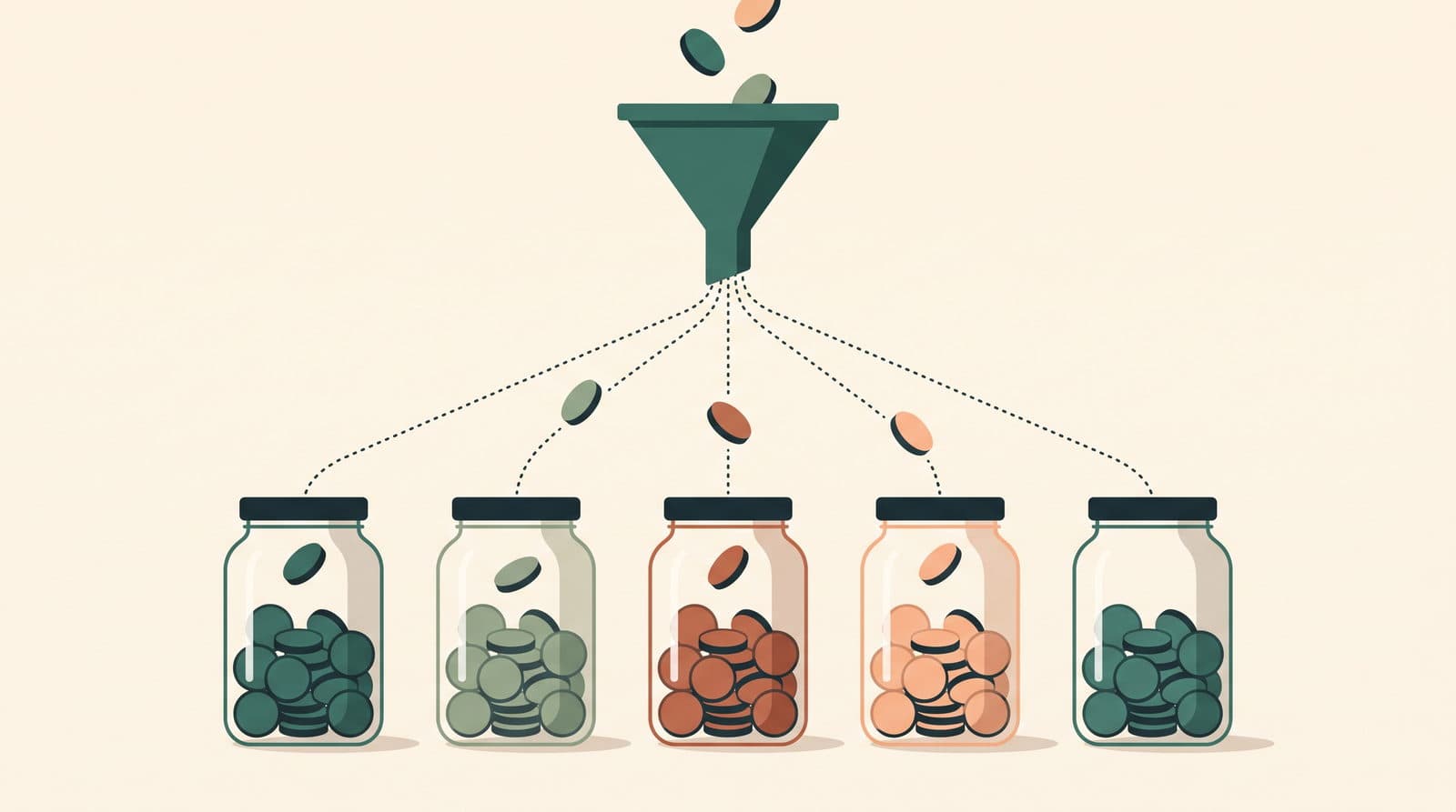 Coins being distributed automatically over a row of savings pots, each for its own cost item