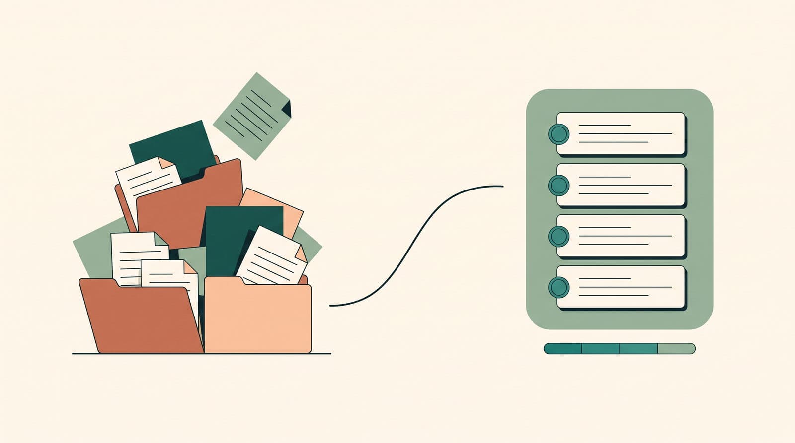 Illustration of a pile of loose invoices and folders turning into one calm, orderly overview